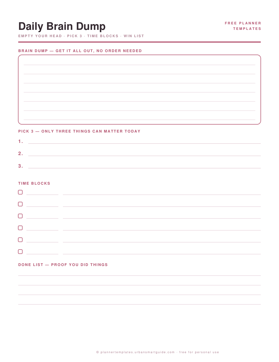 ADHD-Friendly Daily Planner printable template preview in blush pink, free PDF