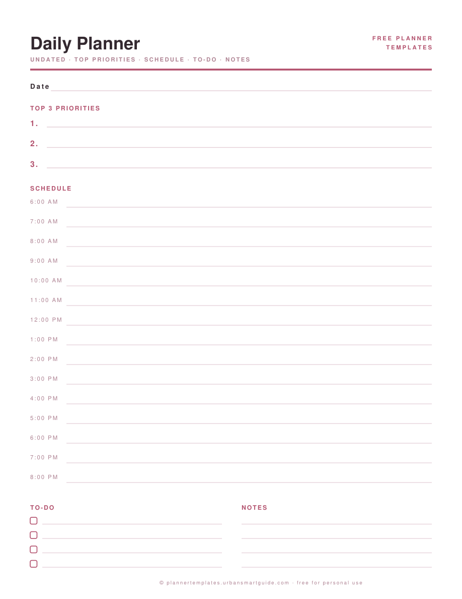 Daily Planner Template printable template preview in blush pink, free PDF