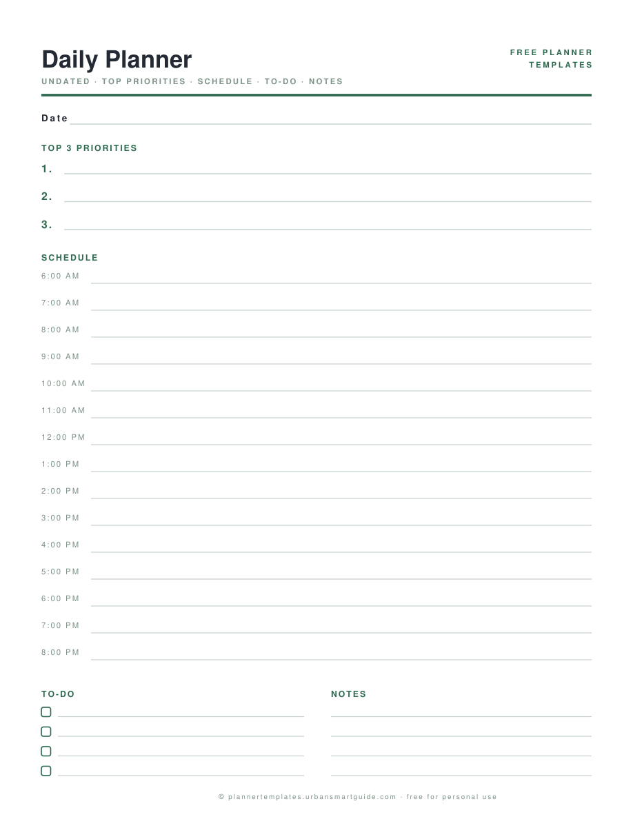 Daily Planner Template free printable PDF preview