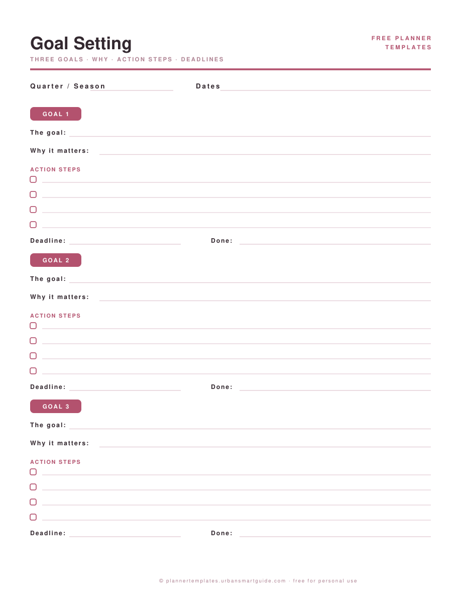 Goal Setting Template printable template preview in blush pink, free PDF