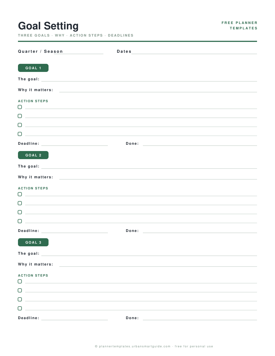 Goal Setting Template free printable PDF preview