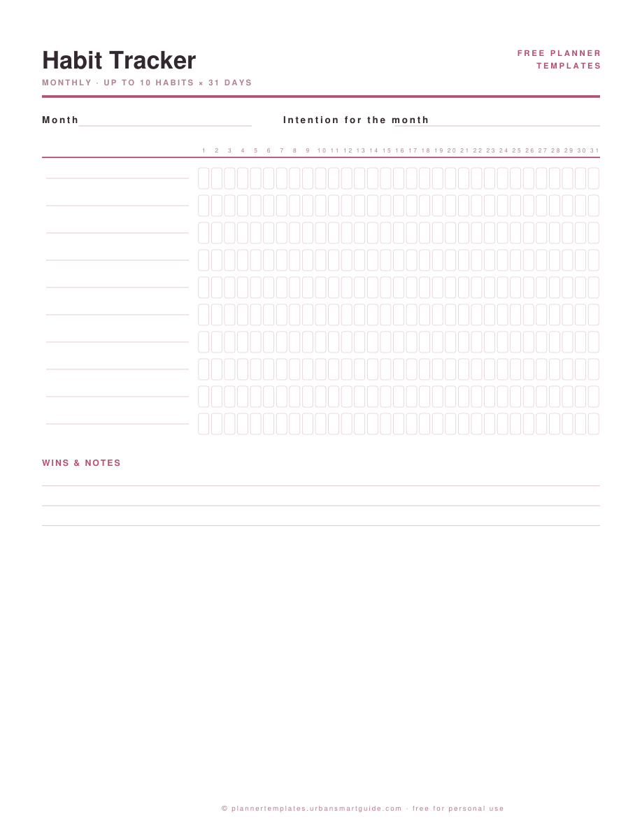 Habit Tracker Template printable template preview in blush pink, free PDF