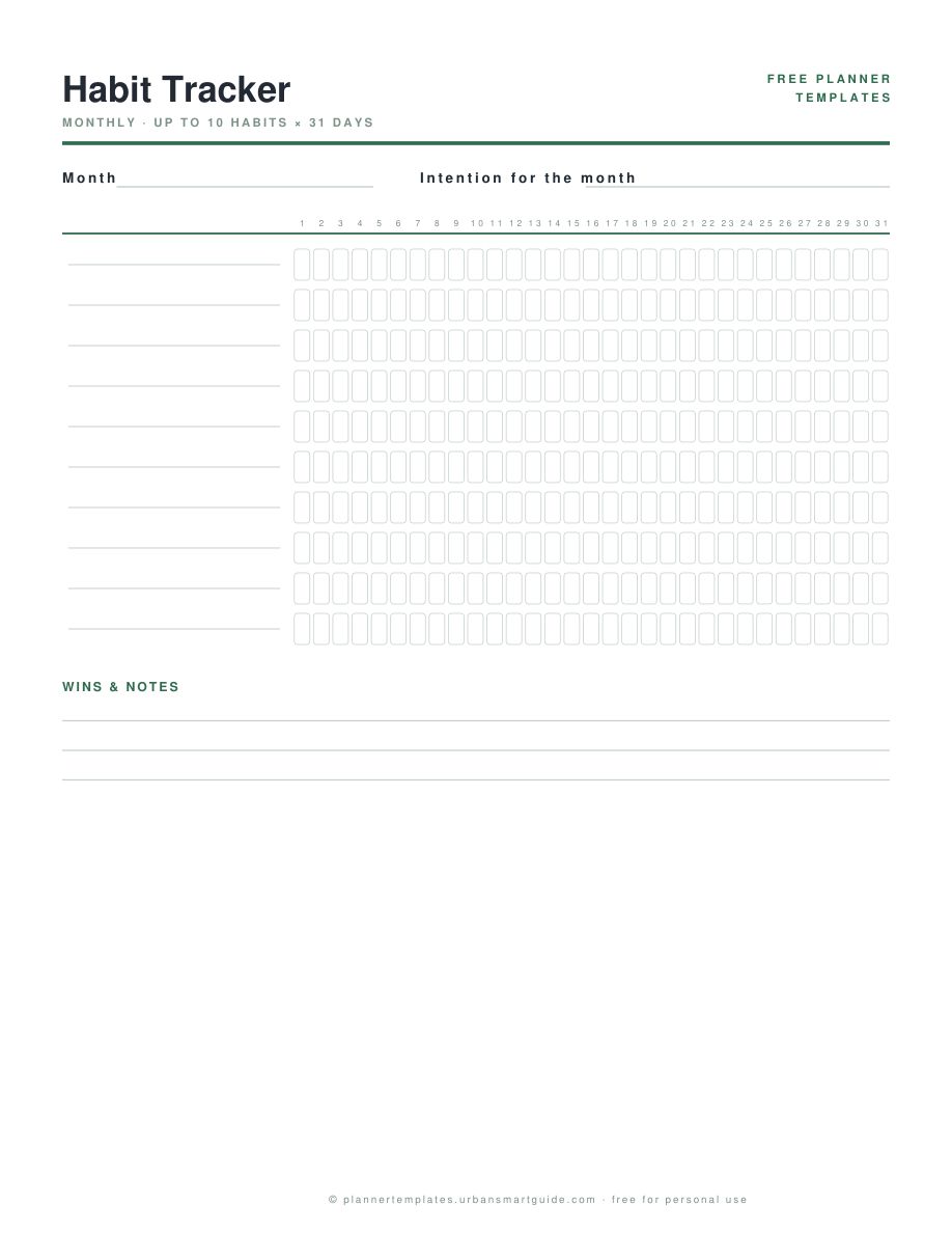 Habit Tracker Template free printable PDF preview