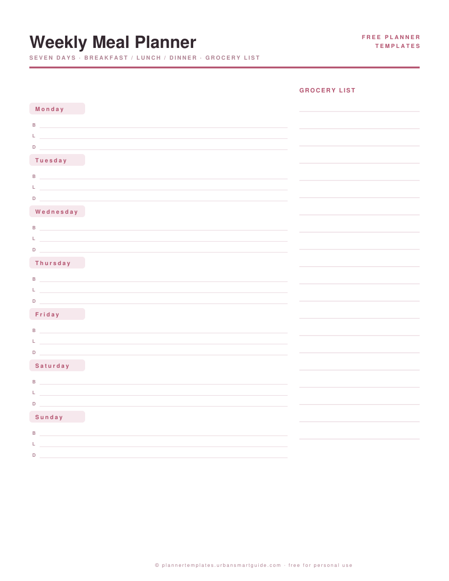 Meal Planner Template printable template preview in blush pink, free PDF