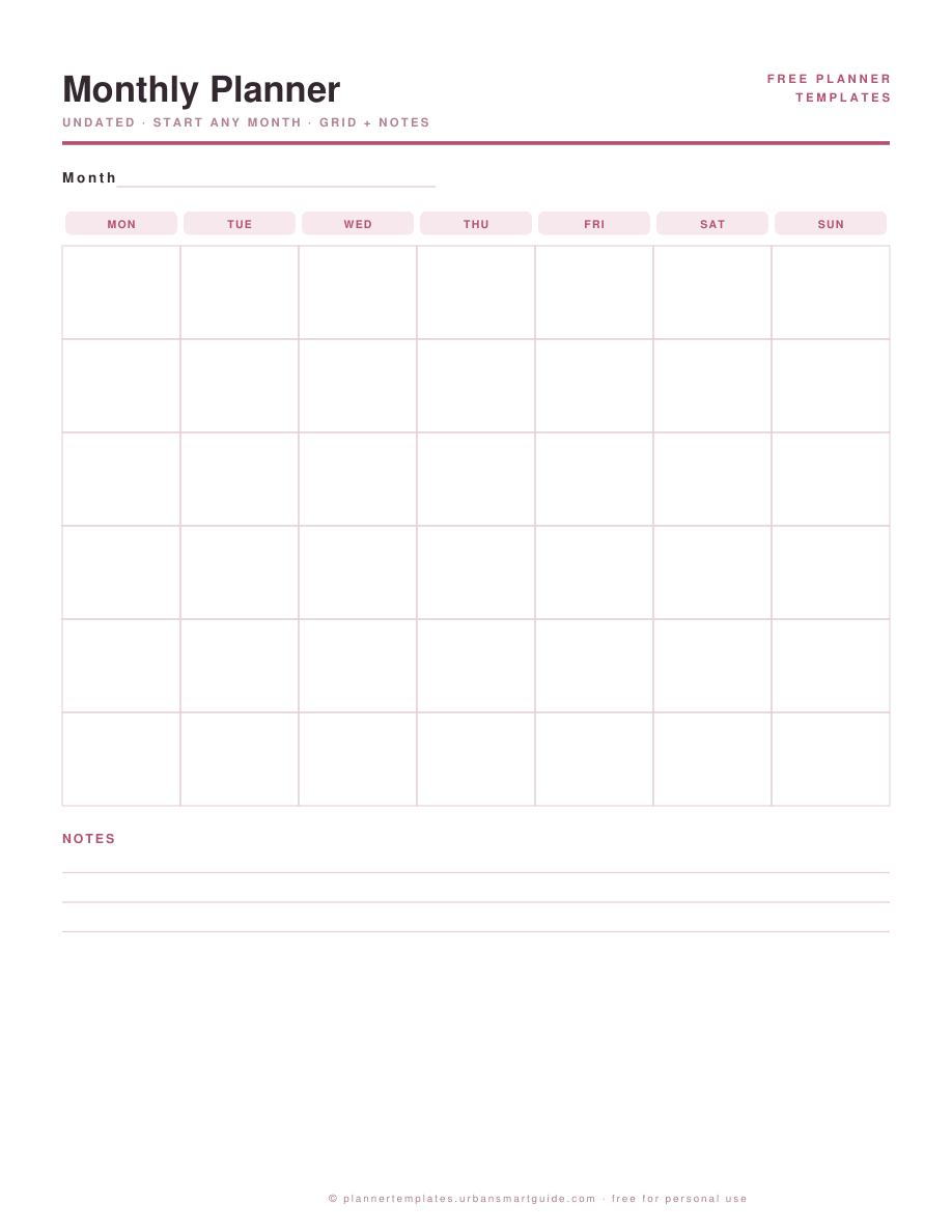 Monthly Planner Template printable template preview in blush pink, free PDF