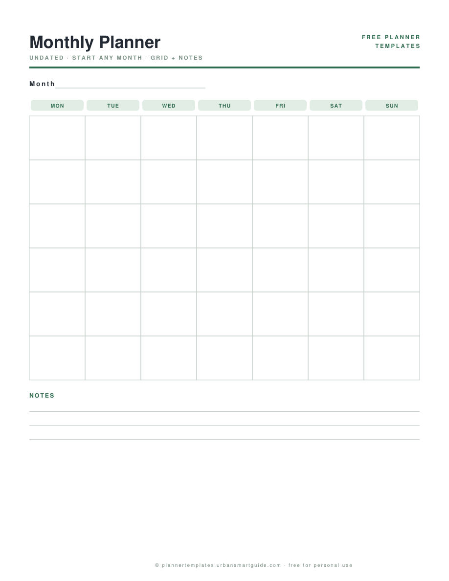 Monthly Planner Template free printable PDF preview