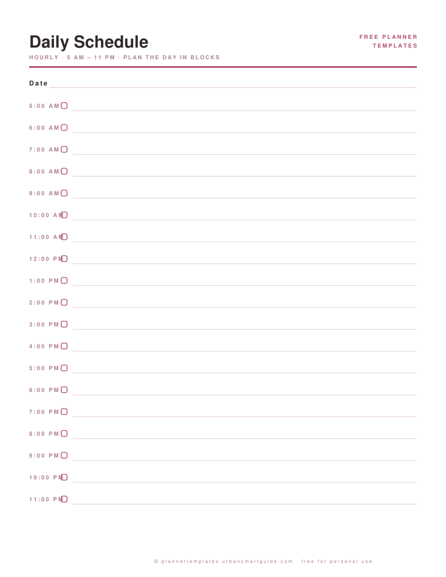 Daily Schedule Template printable template preview in blush pink, free PDF