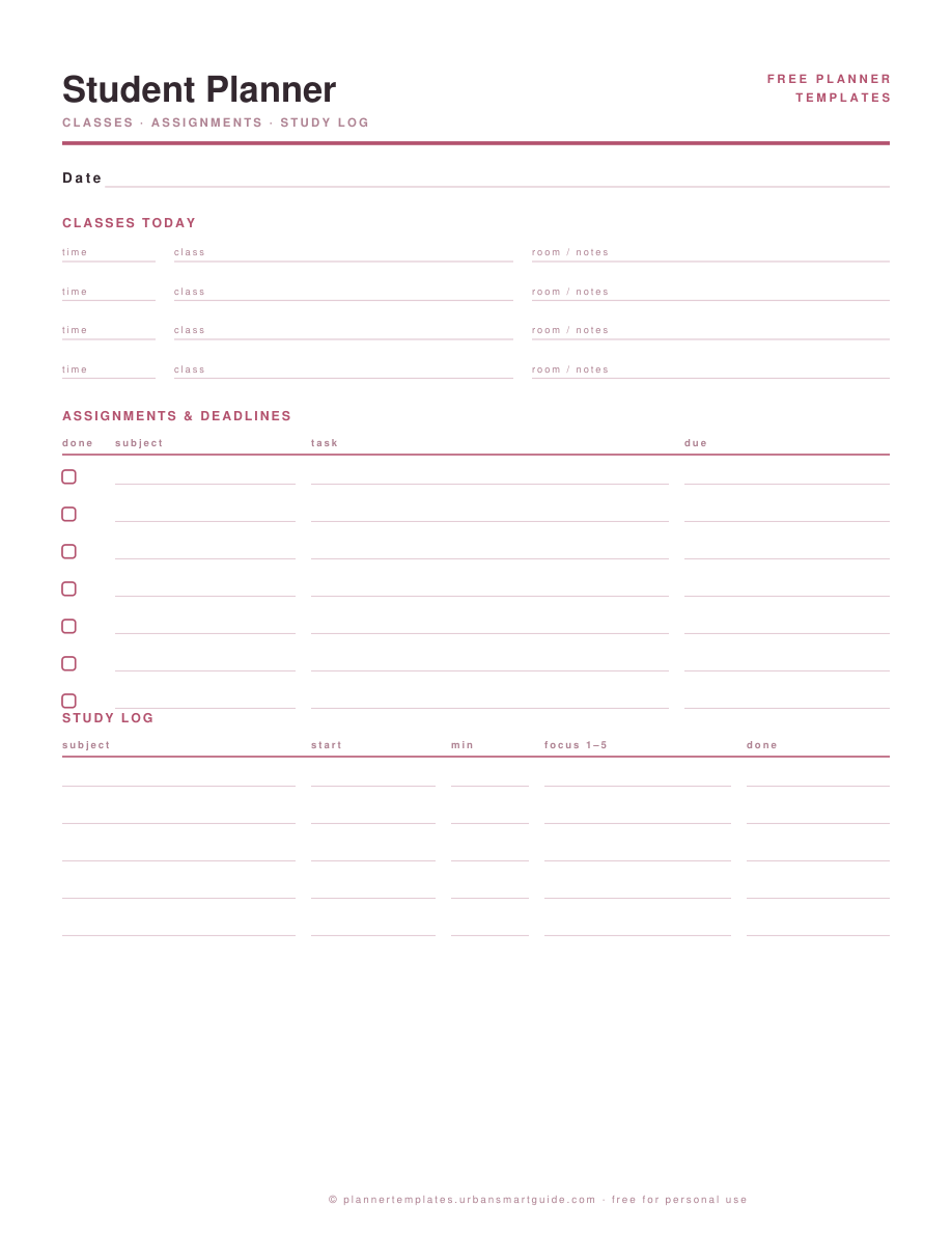Student Planner Template printable template preview in blush pink, free PDF