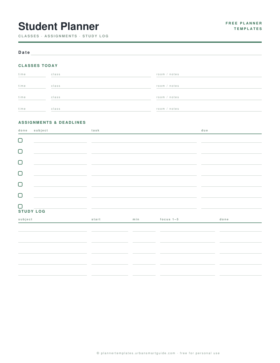 Student Planner Template free printable PDF preview