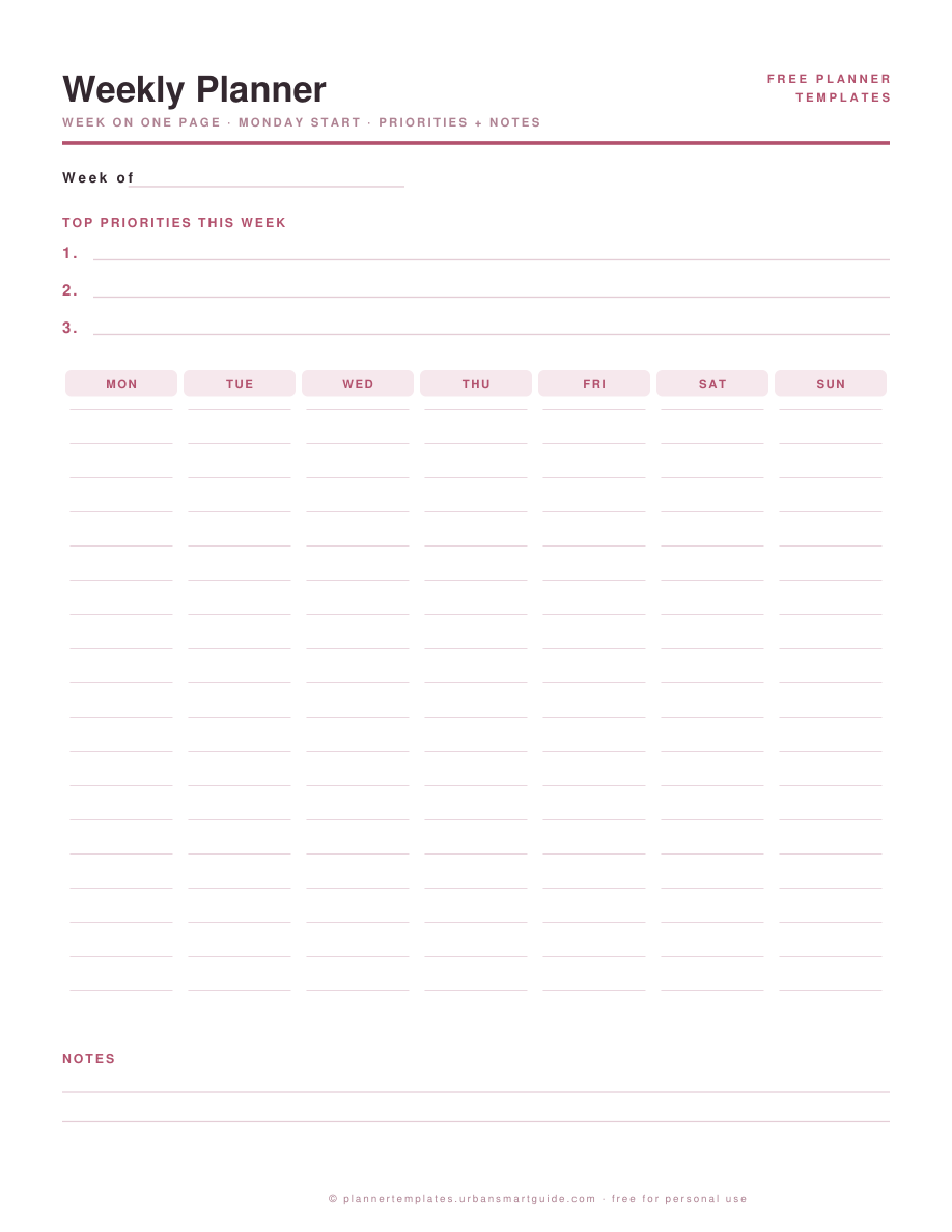Weekly Planner Template printable template preview in blush pink, free PDF