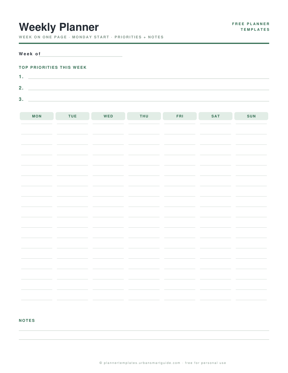 Weekly Planner Template free printable PDF preview
