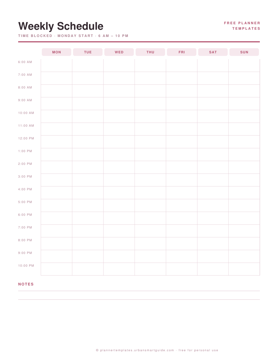 Weekly Schedule Template printable template preview in blush pink, free PDF