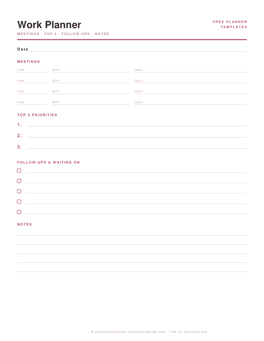 Work Planner Template printable template preview in blush pink, free PDF