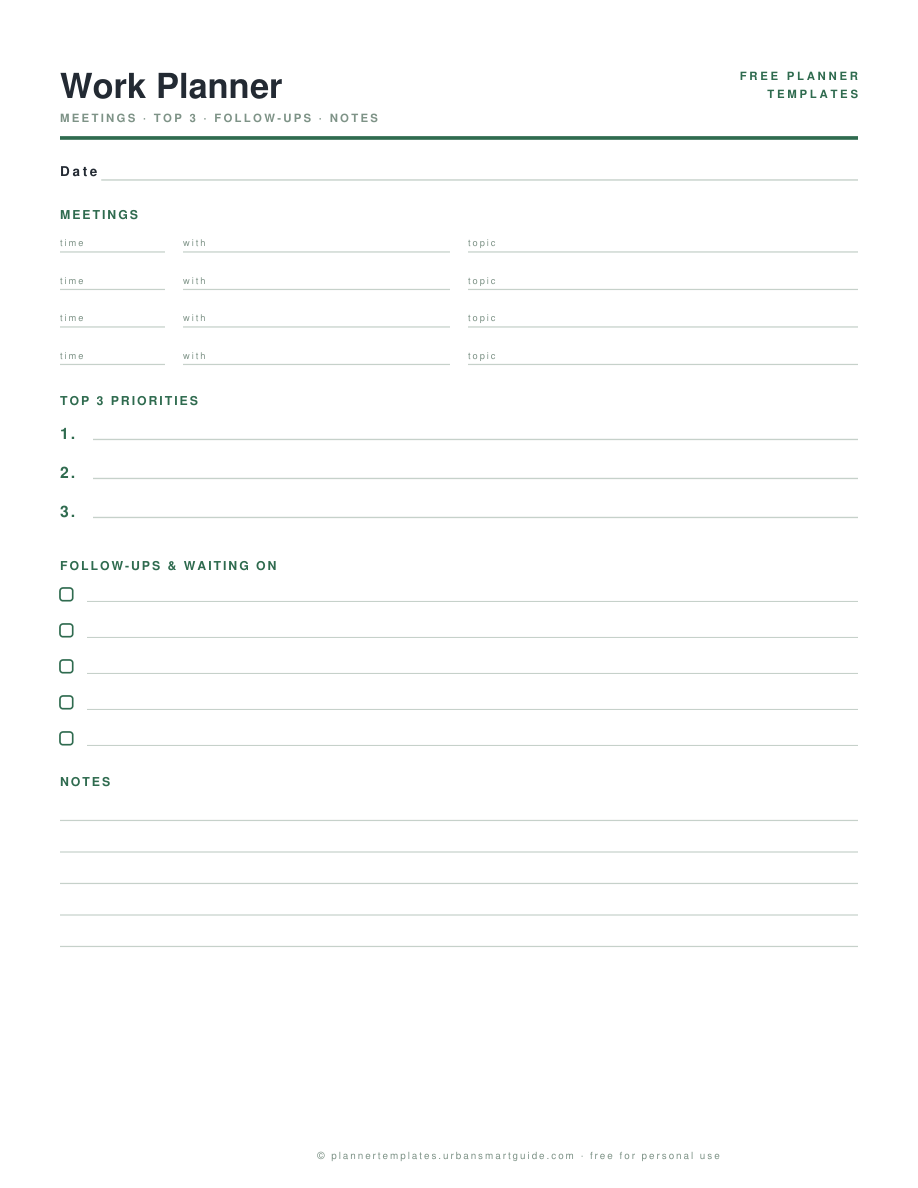 Work Planner Template free printable PDF preview